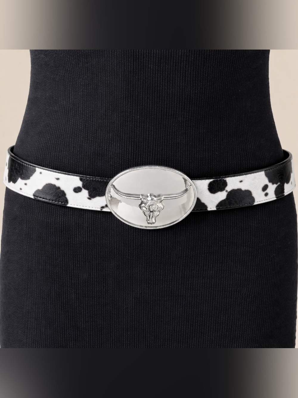 Western Cow Print Belt Longhorn Buckle Black White Rodeo Boho Festival Style